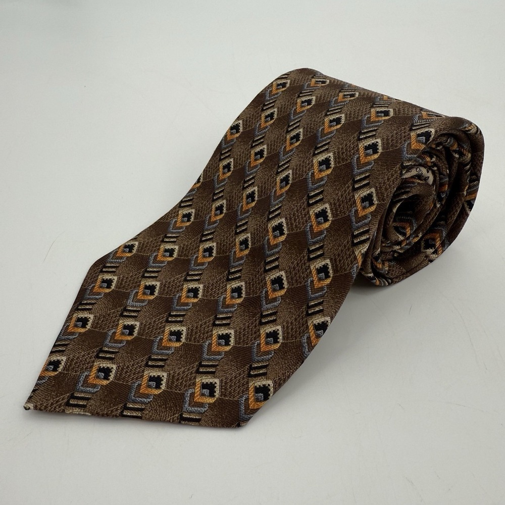 Ermenegildo Zegna‎ Mens Tie 100% Silk Brown Geometric Diamonds Necktie Exclusive